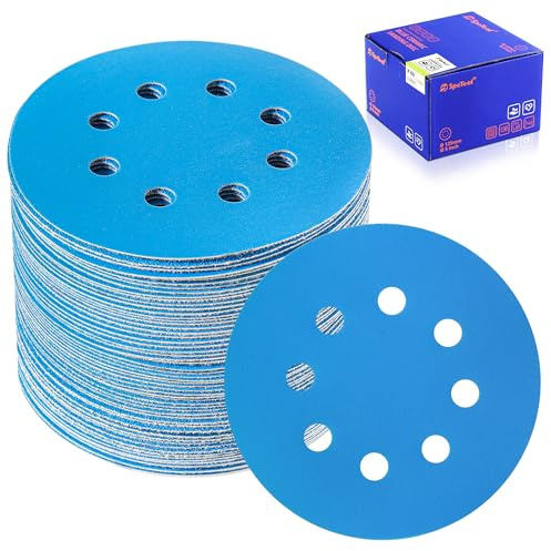 SpeTool Papel de lija de 125 mm, 60 unidades, con velcro, 400 granos, para lijadora excéntrica, 8 agujeros, cerámica, juego de papel de lija para madera, resina epoxi, metal, superficie de chapa