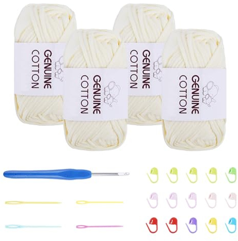 FOGAWA Crochet Yarn for Beginners 4x50g Chunky Yarn for Crochet Chunky Cotton Yarn Cream Thick Wool for Crafts Amigurumi Knitting with 4mm Crochet Hook 4 Plastic Needles 15 Stitch Markers