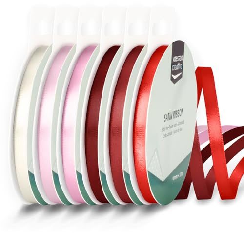 Vaessen Creative Satinband 6 mm x 10 m - Doppelseitiger Schleifenbänder und Dekoband zum Basteln - Geschenkband und Stoffbänder für Deko und Schateln - Liebe/Valentinstag Farben Bunt - 6 Stück
