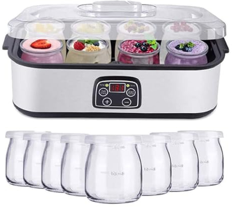 Wasd3Pods Yogurtera Probiótica con Control De Tiempo Y Temperatura Ajustable, 1400ml Yogurtera Eléctrica, con 7 Tarros, para Hacer Postres Caseros Frescos Y Saludables