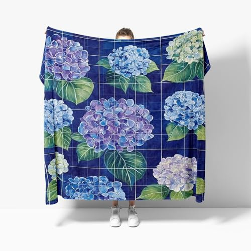Plaid Couverture Polaire Flanelle, Jeté de Canapé 100x130 cm Hortensia Multicolore Couverture lit 1 Personnes, Couverture Grand Chaud et Doux en Flanelle pour Toutes Les Saisons, Grille Bleue