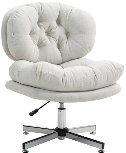 HOMCOM Bürostuhl ohne Armlehnen Höhenverstellbarer Drehstuhl Cremeweiß | Schreibtischstuhl mit Breiter Sitzfläche, Ergonomisch, mit Leinenoptik, Schneidersitz-Stuhl für Homeoffice