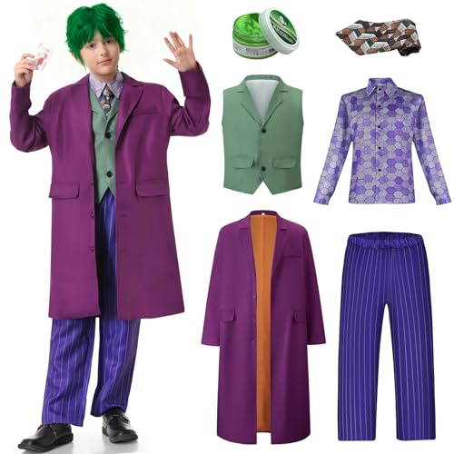 BuzzoXerex Deguisement Joker Enfant, Deguisement Joker Garçons Halloween Killerjoker Enfant avec Manteau Violet, Gilet, Pantalon, Cravate, Chemise Costume de Jokers pour Garçons pour Halloween (S)
