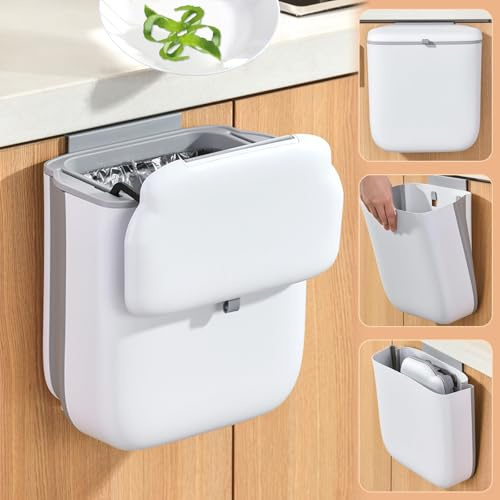 CeruleTree Hanging Kitchen Bin with Lid, 10L Foldable Food Waste Caddy, Kitchen Compost Bin Wall Mounted Slide Open for Under Sink, Cupboard Door, Cabinet, Motorhome, White