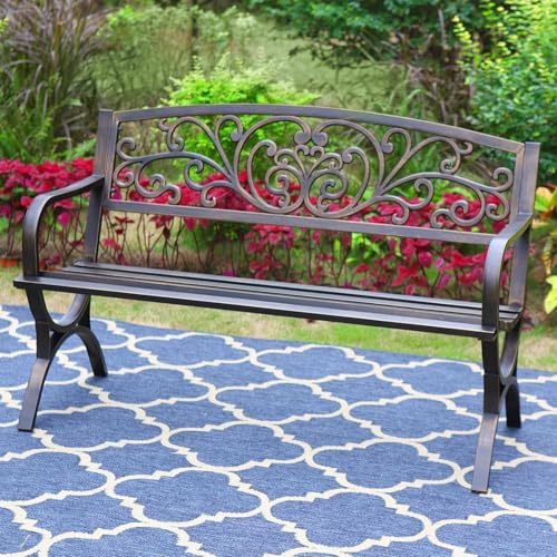 PHI VILLA Metal Garden Bench Rustproof Cast Iron Backrest Steel Frame 2-3 Seater Outdoor Bench Floral Design Backrest, Slatted Seat for Park, Yard & Porch, Bronze
