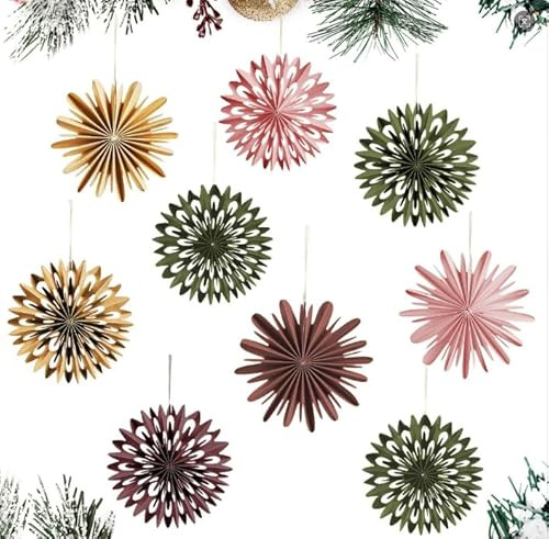 SUNBEAUTY Weihnachtsbaum Deko 3D Mini Papier Aufhängen Fächer Schneeflocke Hängen Papier Girlande Boho Pappsterne für Aussen Innen, Zuhause Weihnachten Deko Tischdeko,Waldgeburtstag (9 Stück,Bunt)