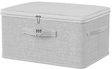 Prmape Caja de Almacenamiento con Tapa, Caja Almacenaje con Cerradura, Cesta Almacenaje Plegable Tela, Organizador Armario Ropa Gris para Dormitorio, Salón, Libros, Cosméticos, Juguetes 32*24*18cm