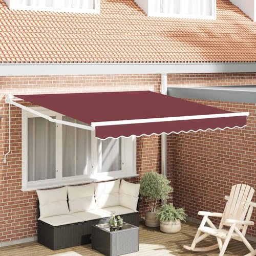 Tenda da Sole Manuale 300x250 cm, Tessuto Borgogna con Rivestimento PU, Struttura in Alluminio Bianco, Ombreggiante UV per Patio Balcone Giardino, Telo Estensibile a Manovella