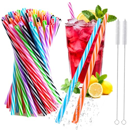 KDISHKRA 100 Pajitas Reutilizables, 23cm/Material de PP/Con 2 Cepillo De Limpieza, Pajitas Gruesas coloridas para Café Bebidas Zumo Cócteles, Ideal para Niños y Adultos (10 Colores)