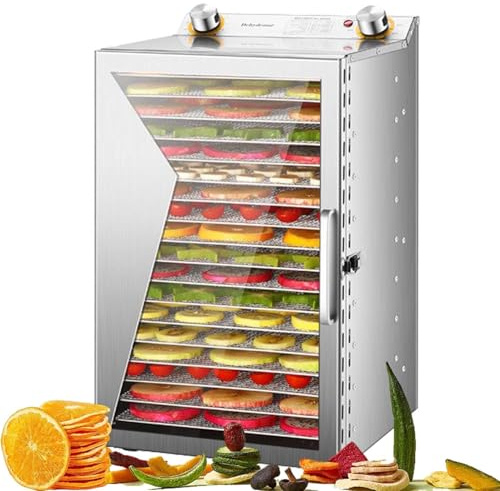 Deshidratador De Alimentos 800W Con Bandejas Acero Inoxidable Extraíbles, Temporizador 12h, Control De Temperatura 30–90°C, Secador Carne, Frutas, Verduras, Hierbas y Snacks Saludables(18Layers)