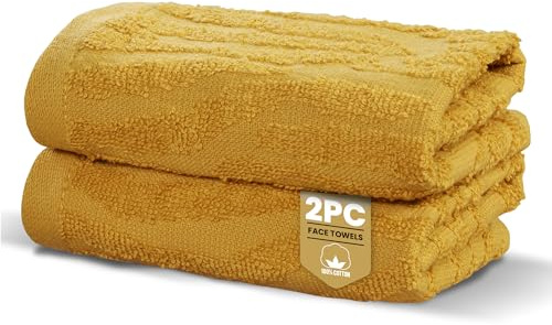 Rapport Home Safari Face Towels 2-Pack | Luxurious 100% Cotton 500gsm Soft Absorbent Face Cloths | Oeko-Tex Certified Bathroom Hand Towels | Mustard Yellow (30x30cm)