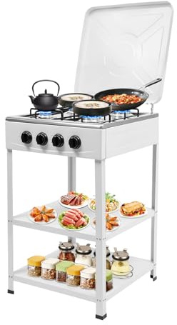 Réchaud à gaz portable à 4 brûleurs pour NG/LPG avec 2 étagères et couvercle, réchaud de camping, réchaud de camping, de jardin, de barbecue, pour camping-car, appartement, cuisine en plein air (blanc