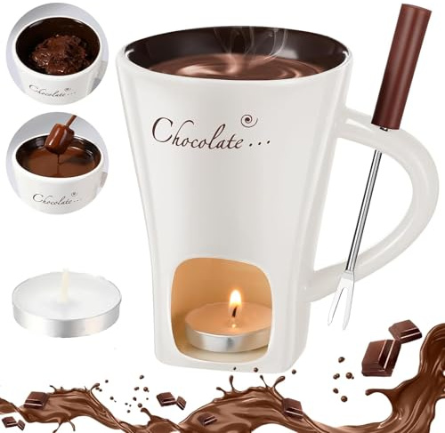 Chocolate Fondue Mug with Forks, Chocolate Melting Cup, Ceramic Butter Warmers Pot Set, Personal Cheese Melting Cup, Fondue Heated with a Tealight, Warmer Mug for Candy Snack Caramel Party (White)
