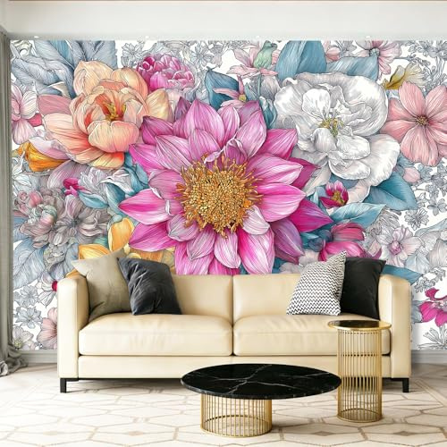 Carta Da Parati Fotografica Acquerello Linee Fiori Piante Fotografico Murale Per Camera Da Letto Cameretta, 200 x 140 cm Murale Carta Da Parati Artistica, Colorato