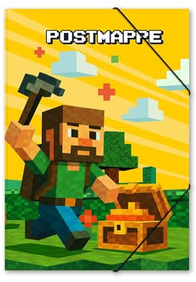 itenga Postmappe aus Karton - Gummizugmappe mit Motiv für Jungen - DIN A4 mit Gummizugverschluss - Sammelmappe Eckspanner (Blockgame PIXEL)