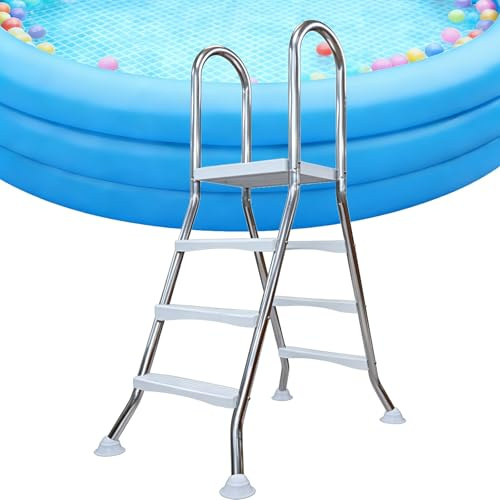 Kraftig poolstege i stål med halkfria steg och armskena, dubbelsidig ingång för simbassänger ovan mark