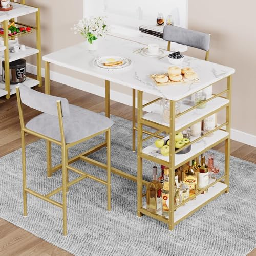 Crevyteg Counter Height Dining Table Set for 2, 3-Piece Kitchen Table with Upholstered Chairs and Storage Shelves, Space Saving Bar Table Set for Small Spaces, Apartments, Breakfast Nook