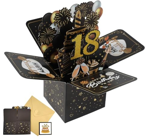 NYVOR 18. Födelsedagskort, 3D dragbar popup födelsedagskort med kuvert, romantik vintage svart guld gratulationer 18 födelsedag gratulationskort för kvinnor män flickor pojke barn fest