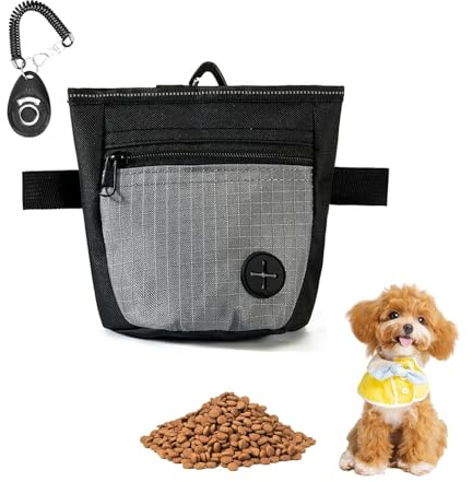 Pochette à friandises pour Chien,Sac de récompenses avec clicker de dressag | Bogoro fermeture magnétique anti-déversement, distributeur de sacs à déjections et ceinture ajustable (Noir et gris)