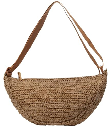 Elyebxj Borsa in Paglia, Borsa Chic a Mezzaluna 13x3, 5x8, 7 cm a Spalla da Spiaggia con Tracolla Regolabile, Tracolla Intrecciata con Cerniera per da Spiaggia in Rattan da Donna, Rafia