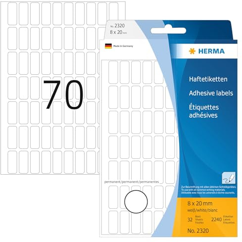 HERMA 2320 Vielzweck-Etiketten, 2240 Stück, 8 x 20 mm, 70 pro Bogen, selbstklebend, Haushaltsetiketten zum Beschriften, matt, blanko Papier Klebeetiketten Aufkleber, weiß