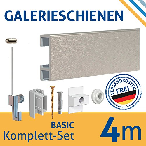 Bilderschienen, Galerieschienen Komplett-Set in silber 4m Länge und erweiterbar - Wandgestaltung mit Bildern und Fotos, Bilderhaken inklusive