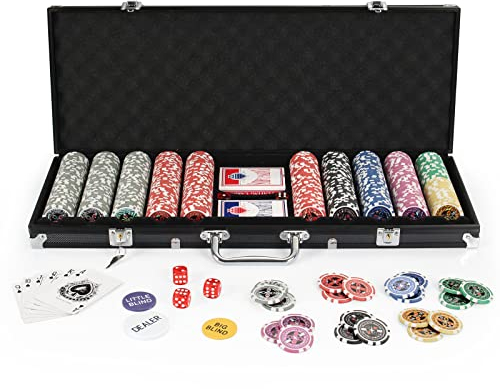 display4top Pokerkoffer 500 Chips Laser Pokerchips Poker 12 Gramm, 2 Karten, Händler, Small Blind, Big Blind Tasten und 5 Würfel, Schwarz mit Aluminium-Gehäuse