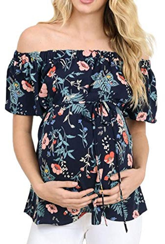 Camiseta de Las Mujeres Embarazadas Fotografia SHOBDW Tops De Manga Corta De Verano Amamantando A La Maternidad Fuera del Hombro Camisa Blusa Estampada Floral Talla Grande(Armada,XL)
