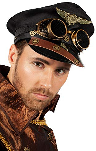 WILBERS & WILBERS Steampunk Schirmmütze Pilot mit Googles Fliegerabzeichen Zahnräder Uniform Kappe Hut Mütze Kostüm-Zubehör