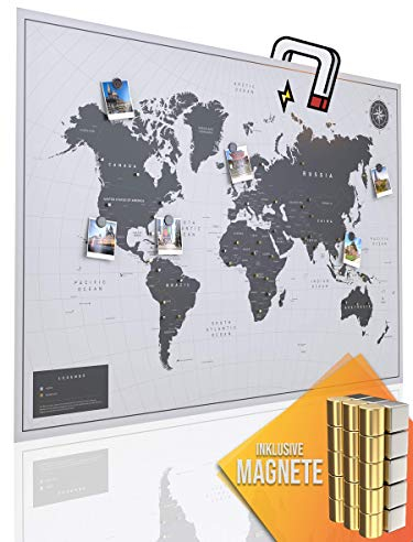 VACENTURES Magnetische Pinnwand Weltkarte White inkl. 2 x 15 magnetische Pins I Markiere Deine Reiseziele I Sammel Fotos und Magnete I Magnet Poster - World map (XXL (119x84cm))