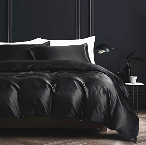 Damier Bettwäsche 220x240cm Schwarz Bettbezug Set 3 Teilig Uni Einfarbig Bettwäsche Hochwertiges Satin Deluxe Deckenbezug mit Reißverschluss und 2 Kissenbezüge 80 × 80 cm
