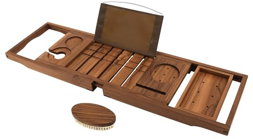 Tray vasca da bagno in teak, Tray in legno espandibile per Tub con Wine e Book Holder, Caddy bagno solido con corpo libero Teak Brush