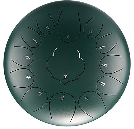GKZJ Zungentrommel 11 gegen 13 Tone 12 Zoll,Stahl-Zungentrommel Hand Pan Schlagzeug Instrument mit Trommelschlägeln Note Sticks Musikbuch,Für Meditation Yoga Musiktherapie,12 inch 13 Tone-Dark Green