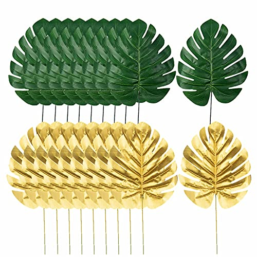 NEUSID Hojas de palma artificiales de imitación de hojas de monstera, hojas tropicales de hoja de selva dorada con tallos para fiestas hawaianas, jungla, playa, baby shower, fiesta de Luau, 20 piezas