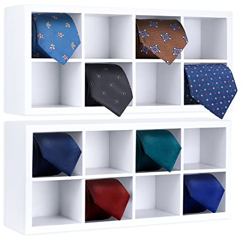FTUREERA Tie Rack, Bamboo Wall Mounted Tie Box or for Closet Drawer Organizer, 2 Pack 16 Compartments, Storage for Dressing Room, Bedroom, Men Closets - Ties, Belt, Briefs, Socks
