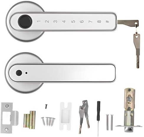 Intelligentes Fingerabdruckschloss mit Passwort Türgriff Biometrisches Türschloss für Haustür und Büro Schnelle Entsperrung Zinklegierung (Silber)