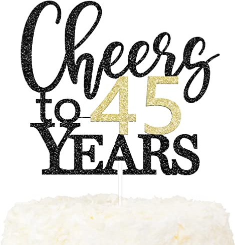 LOVENJOY Cheers to 45 Years Cake Topper Hallo 45. Geburtstag Tortendeko für Happy 45th Birthday Hochzeitstag Party Kuchen Dekoration, Zweiseitiger Glitzer Schwarz und Gold