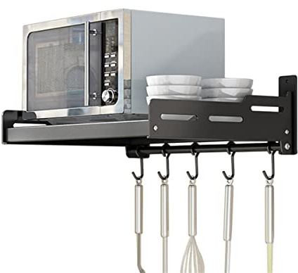 Redwestmelon Microwave Oven Rack Kitchen Shelf, Wall Mounted Shelf with 5 Hooks, Stainless Steel Oven Storage Rack