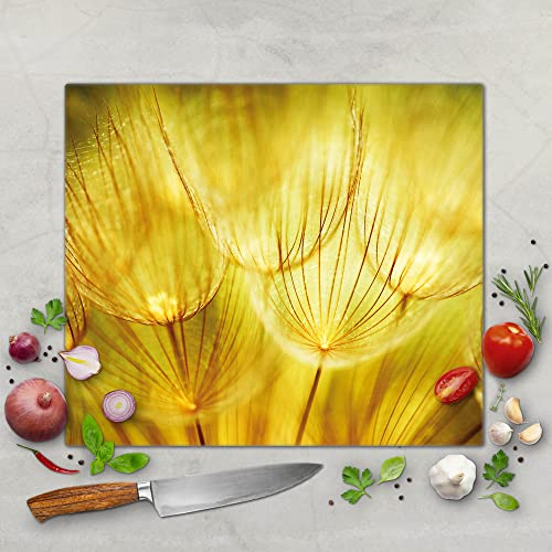 banjado Schneidebrett Glas mit Motiv Pusteblumen Gold - großes einteiliges Glasschneidebrett rechteckig 60 cm x 52 cm - auch verwendbar als Schneidebrett Herdabdeckung