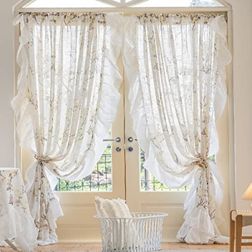 Freyamy Voile Vorhänge 2er Set Transparent Vorhang Beige Blumen Gardinen mit Rüsche Durchscheinend Landhaus Verdunkelungsgardine Wohnzimmer Schlafzimmer Fensterdekoration Vorhänge（B132xH241）