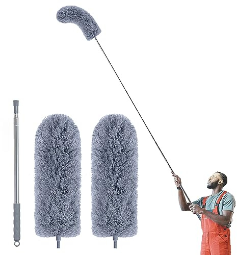 IVYROLL Spolverino con asta di prolunga per la pulizia (kit di 2 testine in microfibra), piumino lungo 254 cm per soffitti alti con testa lavabile, accessori per la pulizia per la casa, ventilatore a