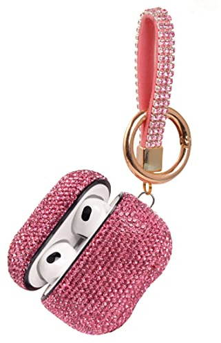 Glitzernde Hülle, kompatibel mit AirPods 3. Generation mit Schlüsselanhänger, stoßfeste Schutzhülle mit Strasssteinen für AirPods 3, Ladehülle (rosa mit Schlüsselanhänger)