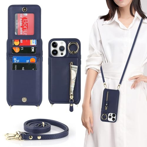 Zouzt for iPhone 14 Pro Case with Cord and Card Holde, Zipper Wallet Case with Crossbody Lanyard Ring Adjustable Necklace Protective Cover Women for iPhone 14 Pro 6.1 Inch - Blue