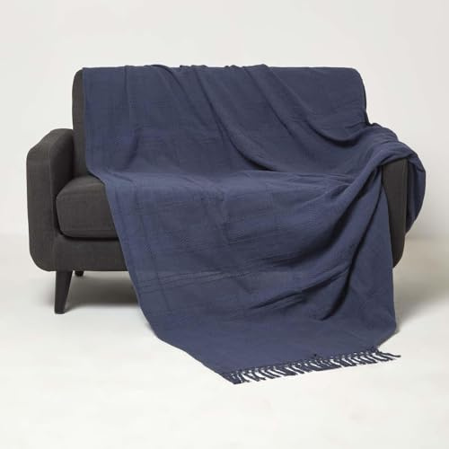 Homescapes Kashi Tagesdecke blau 225x255 cm, große Baumwolldecke mit Fransen, Überwurfdecke Sofa oder Bett