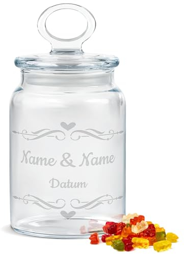 Print Royal PR Personalisierte Keksdose aus Glas mit Gravur - 800 ml - Herz mit Namen und Datum als Geschenk für Frauen zum Jahrestag | Personalisiertes Geschenk Ideen Jahrestag