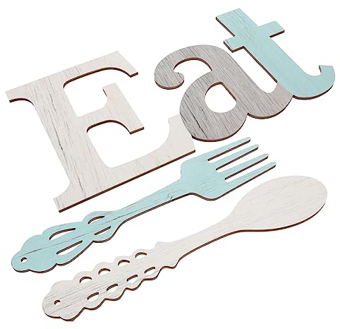 LIFKOME 3pcs Wooden Letter Tableware Kitchen Decor Rustic Eat Sign Spoon and Fork for Kitchen Theme Decoration Wall Decor for Home