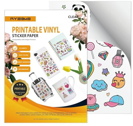 Ryebme Vinylfolie Sticker Papier zum Bedrucken - 25 Blatt Transparente Bedruckbares Vinyl Aufkleberpapier Für Tintenstrahldrucker, Trocknet Schnell Lebendige Farben, Selbstklebendön & Trocknet Schnel