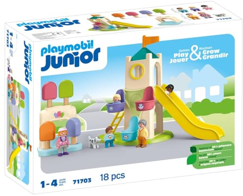 Playmobil 71703 Junior : Aire de Jeux avec Toboggan géant - Comprenant Un Stand de Glace, Un Toboggan et Une Grande Roue - Jouet fabriqué à partir de matière d'origine végétale - Dès 12 Mois