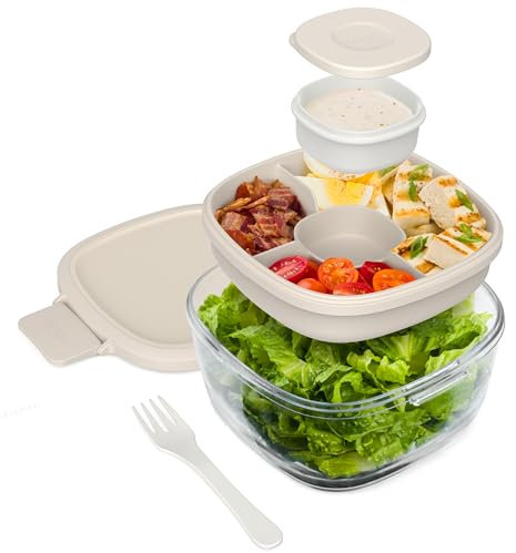 Bentgo Glass Salad Container - 7.6-Cup Salad Bowl with Airtight Lid, Leak-Proof Sauce Container, 4-Compartment Bento Tray & Reusable Fork - BPA-Free for Meal Prep, Office & More (White Stone Tan)