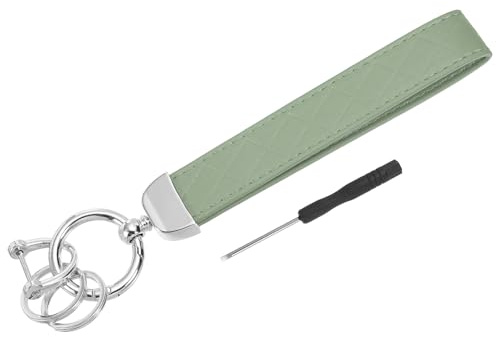 PATIKIL Leather Wristlet Keychain, Key Chain Holder Key Fob Wristband with 2 Key Ring and Anti-Lost D Ring for Men Women Purse Car Keys, Silver/Green